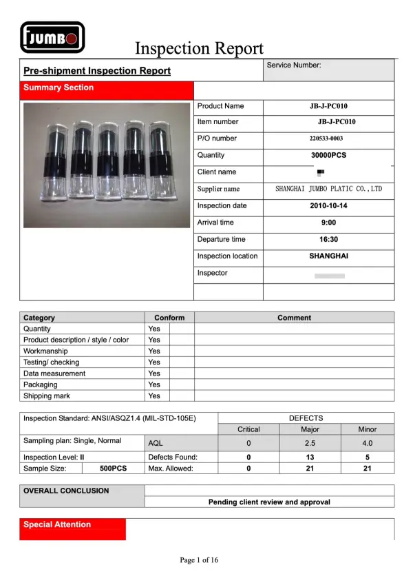 2010 pre-shipment inspection — airless bottle set