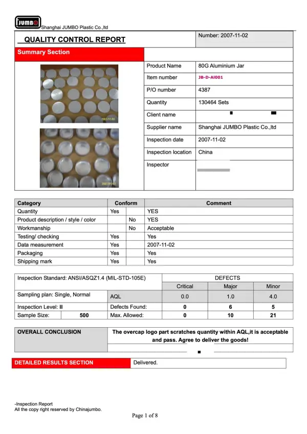 2007 QC report — 80g aluminium jar, acceptable